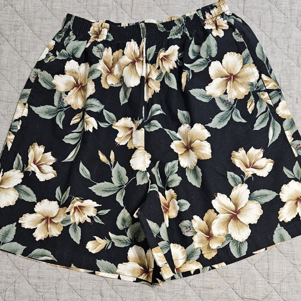 80's VTG Hawaiian women's cotton shorts black floral M hibiscus MINT condition